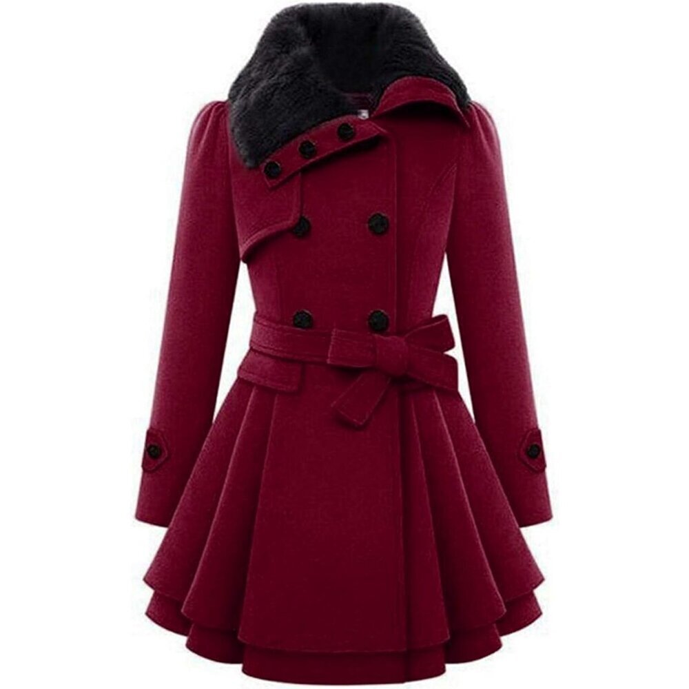 🆕Women's Wine Red Zeagoo Winter Trench Coat Faux Fur Lapel Double Breasted